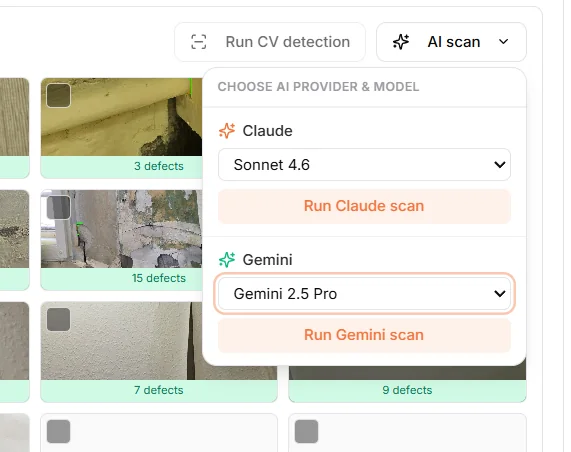 Dropdown to run CV detection or an AI scan with a chosen model