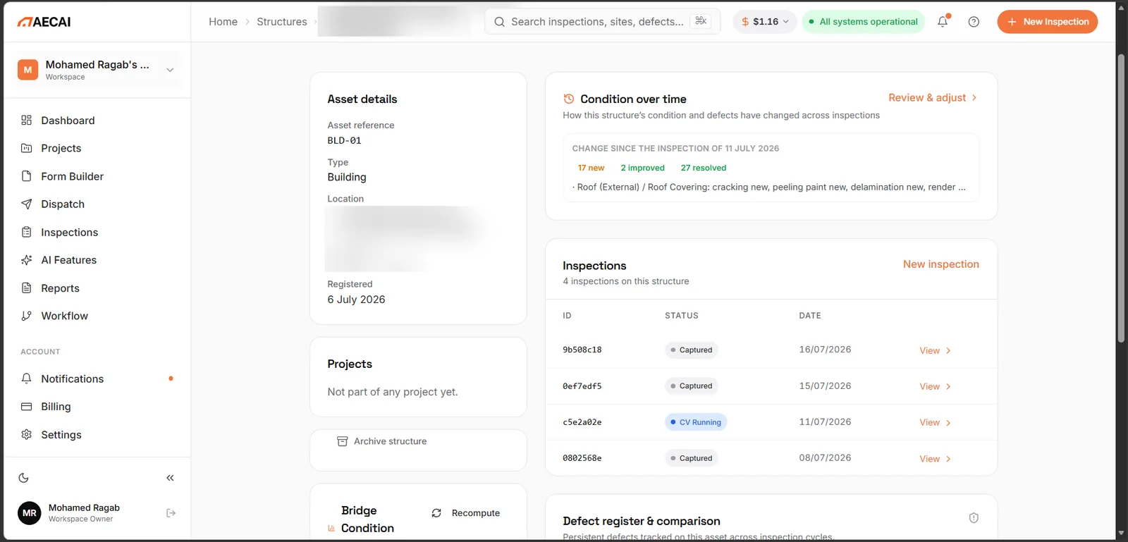 Asset page showing condition change over time and inspection history