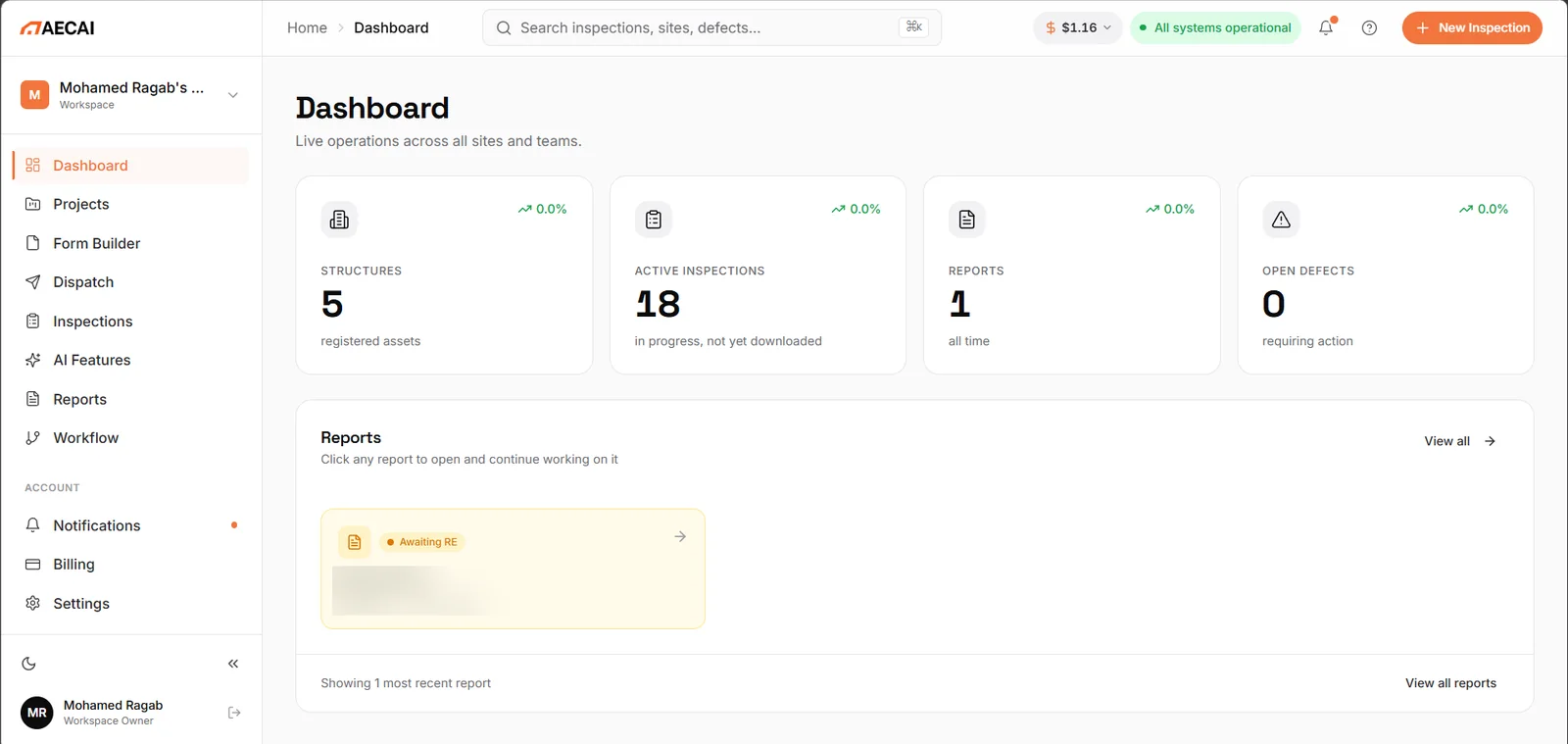 AECAI dashboard with structures, inspections, reports and open defects
