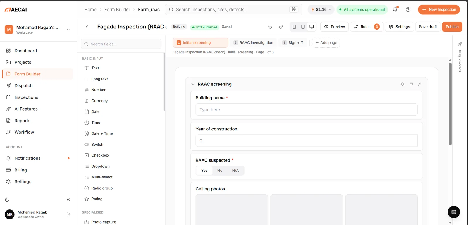 Form builder for a façade and RAAC inspection template