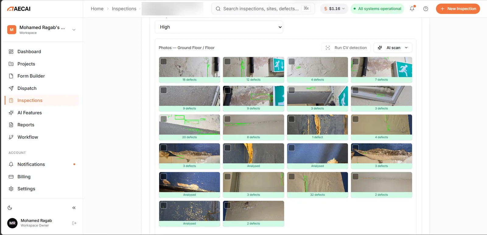 AECAI web app showing a grid of inspection photos, each tagged with a count of detected defects