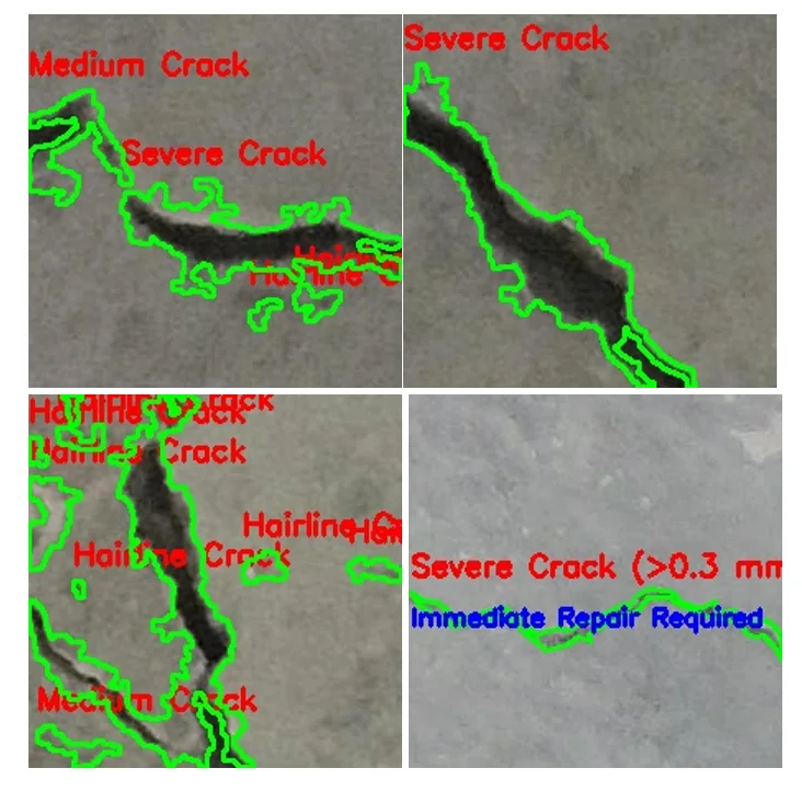 Crack photos outlined in green with class labels such as Severe Crack