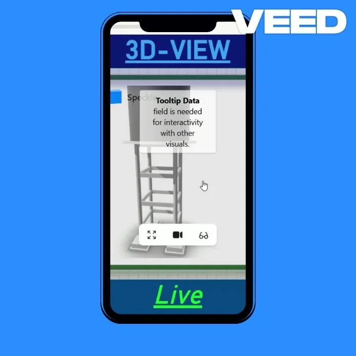 Phone mock-up showing the 3D tank view and a Live button