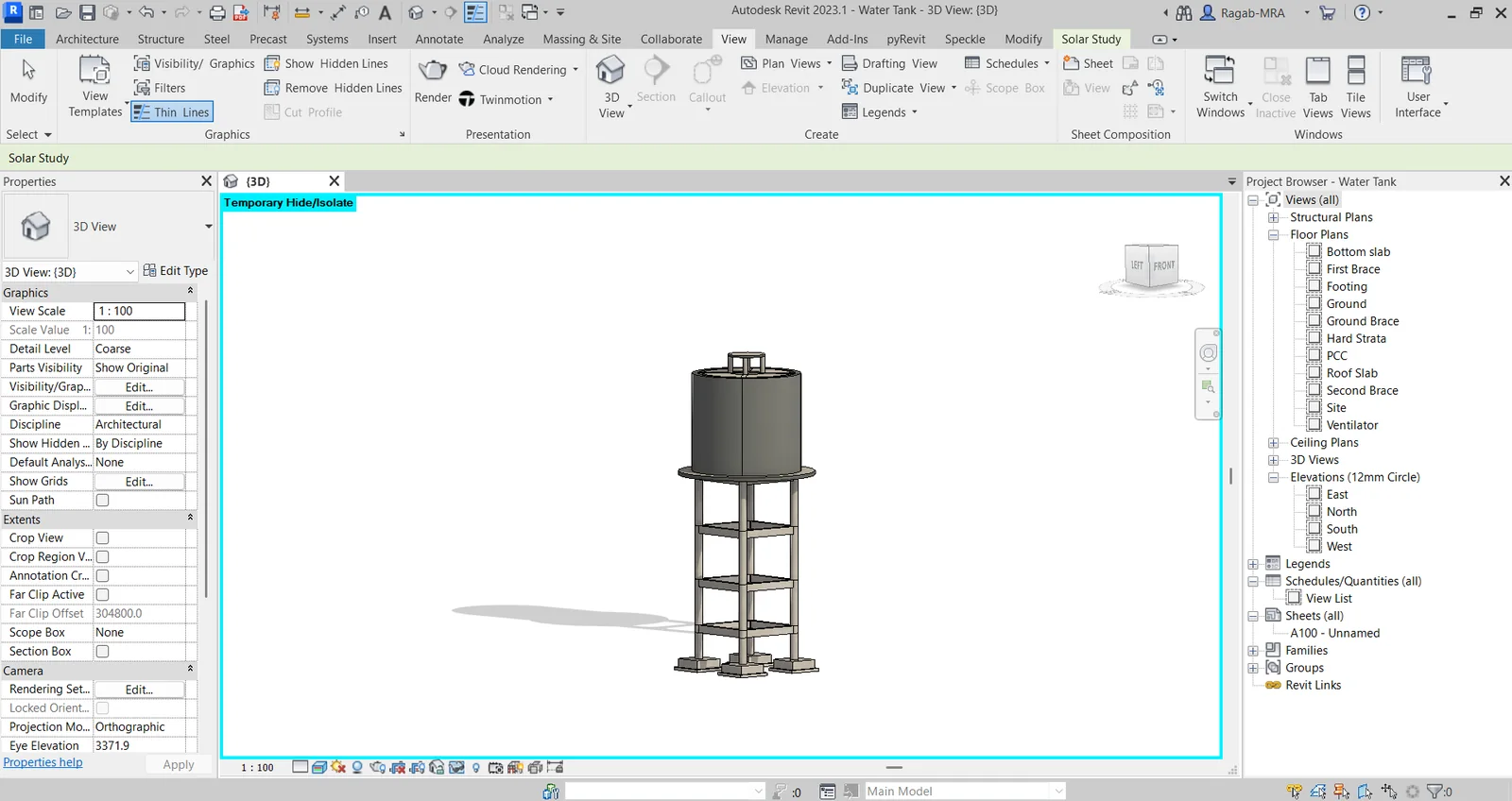 Revit model of an elevated concrete water tank on a steel frame