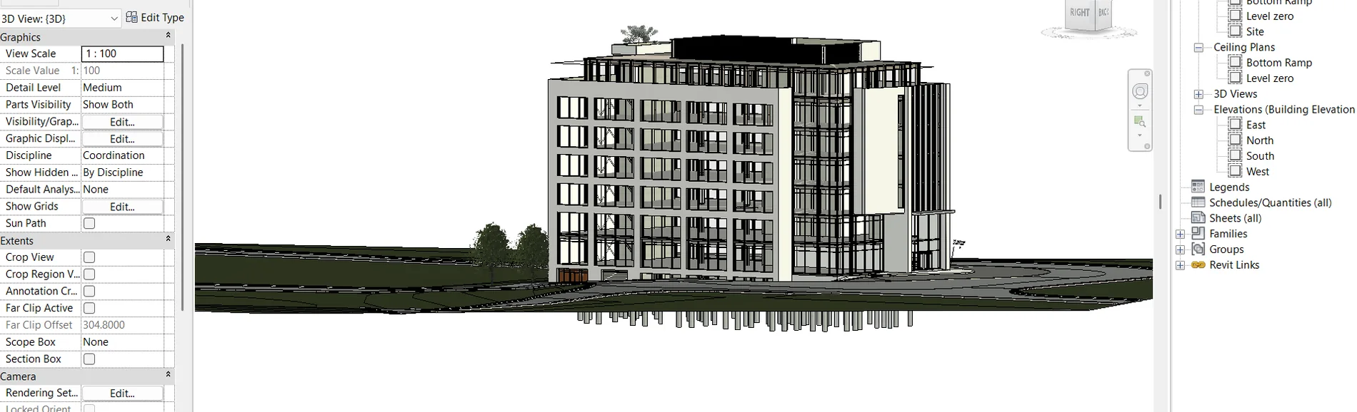 Revit 3D view of a multi-storey office building with dark glazing