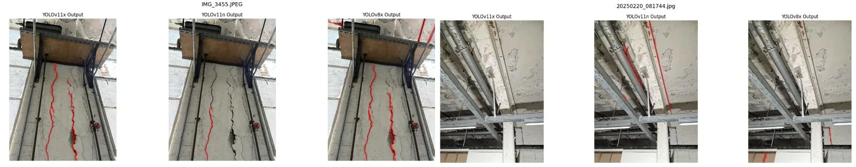 Three site photos with crack masks from three YOLO models side by side