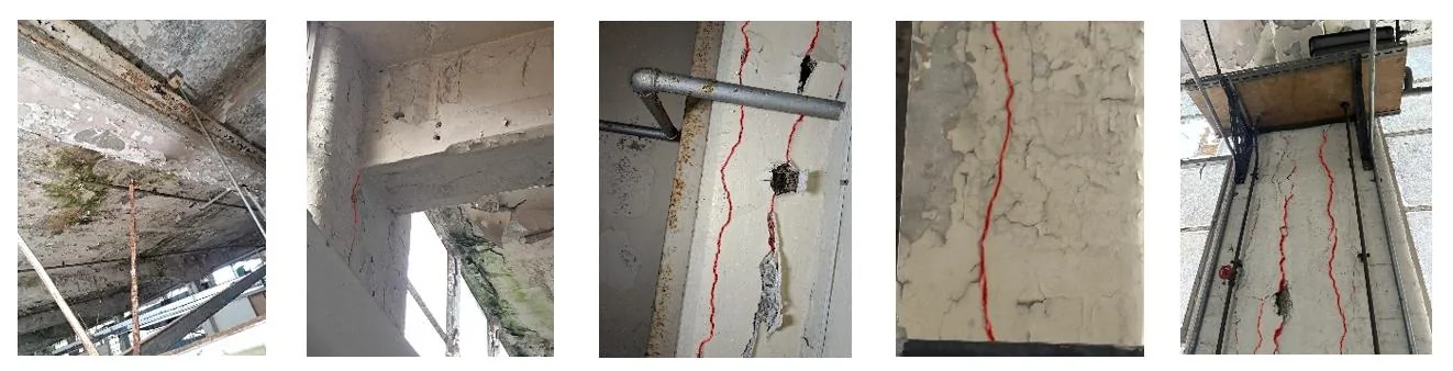 Five inspection photographs with U-Net crack masks drawn in red along the cracks