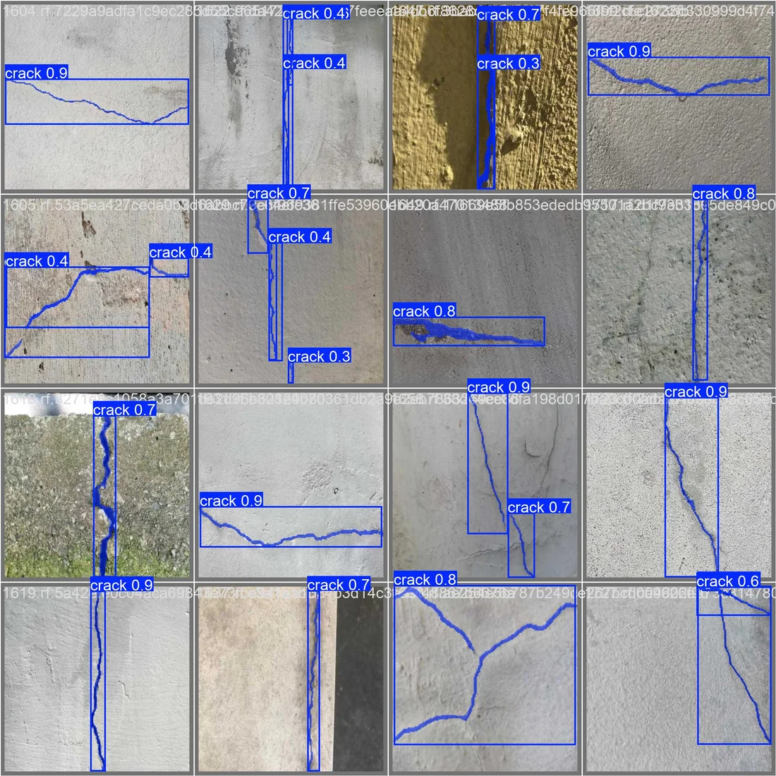 Grid of concrete crack tiles with blue predicted boxes and masks