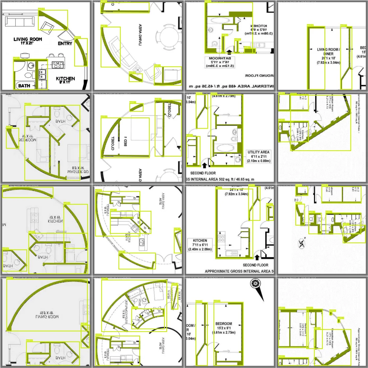 Architectural floor plan tiles with wall and column masks