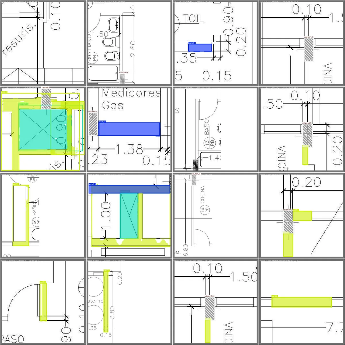 Grid of floor-plan tiles with predicted structural element masks in yellow, blue and cyan